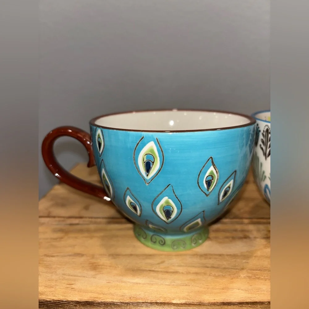 Set of 2 Pier 1 Imports Dolomite Ellie Peacock Hand Painted Footed Mugs 16oz